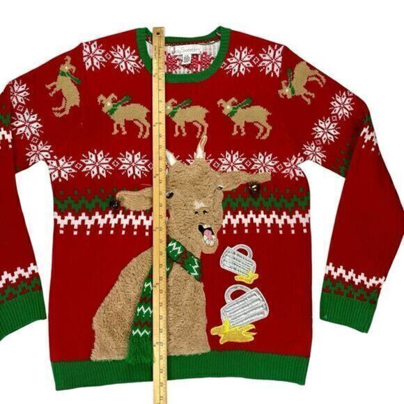 JOLLY SWEATERS Goat drinking Beer Ugly Christmas Sweater Holiday Unisex L Red - Picture 13 of 15